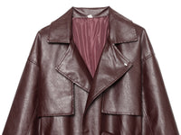 Long Burgundy Belted Leather Trench Coat