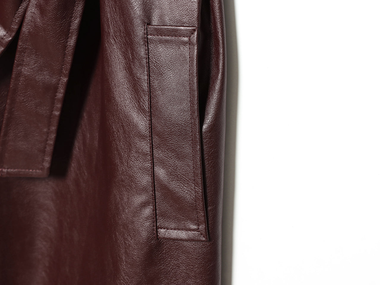 Long Burgundy Belted Leather Trench Coat