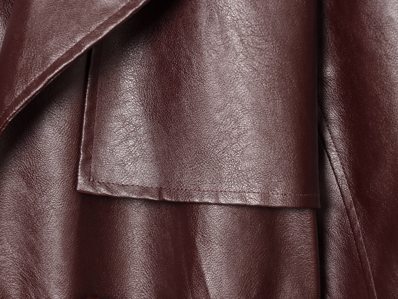 Long Burgundy Belted Leather Trench Coat