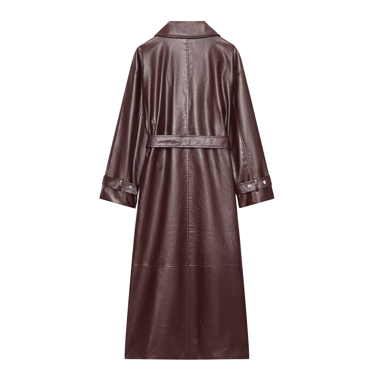 Long Burgundy Belted Leather Trench Coat
