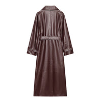 Long Burgundy Belted Leather Trench Coat