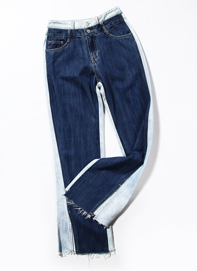 Blue Two Color Color Contrast Patchwork Washed Distressed High Waist Women Denim Wide Leg Jeans
