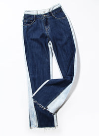Blue Two Color Color Contrast Patchwork Washed Distressed High Waist Women Denim Wide Leg Jeans