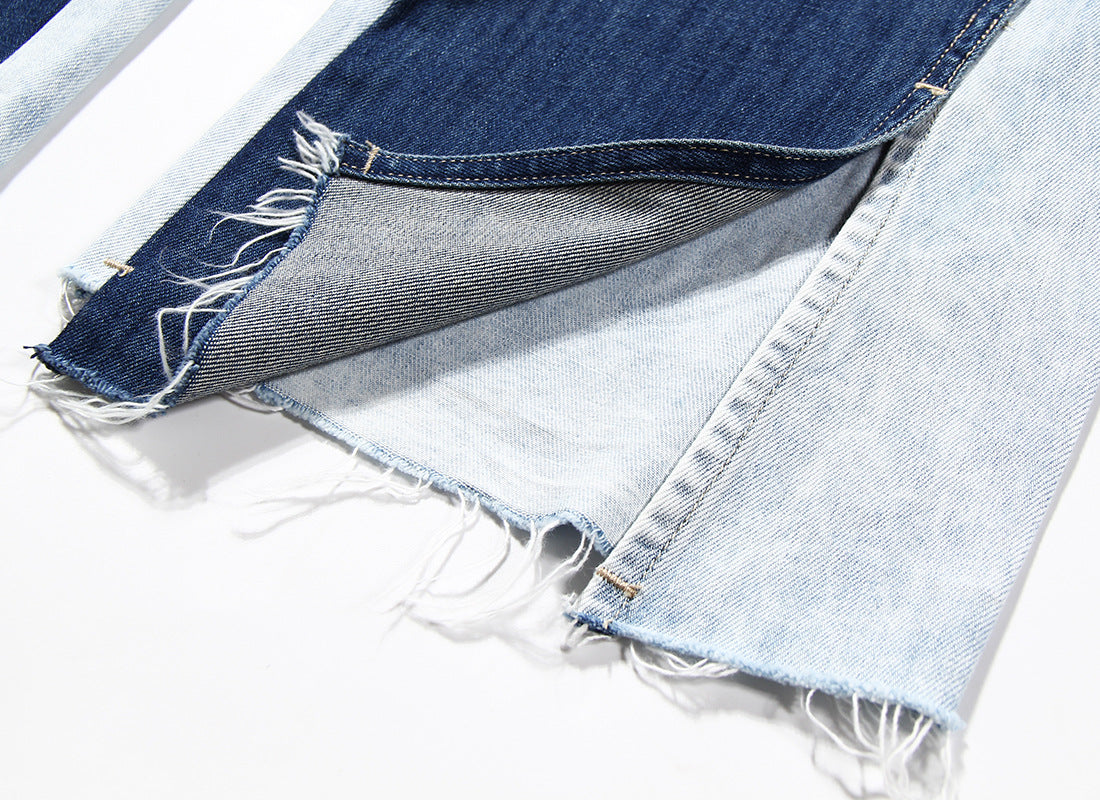 Blue Two Color Color Contrast Patchwork Washed Distressed High Waist Women Denim Wide Leg Jeans