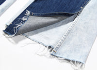 Blue Two Color Color Contrast Patchwork Washed Distressed High Waist Women Denim Wide Leg Jeans