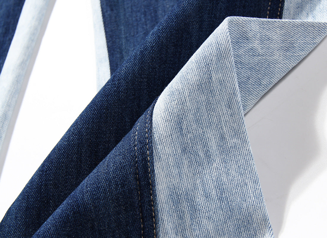 Blue Two Color Color Contrast Patchwork Washed Distressed High Waist Women Denim Wide Leg Jeans