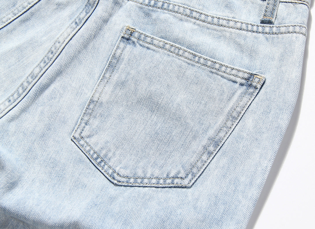 Blue Two Color Color Contrast Patchwork Washed Distressed High Waist Women Denim Wide Leg Jeans