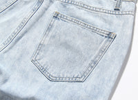 Blue Two Color Color Contrast Patchwork Washed Distressed High Waist Women Denim Wide Leg Jeans