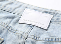 Blue Two Color Color Contrast Patchwork Washed Distressed High Waist Women Denim Wide Leg Jeans