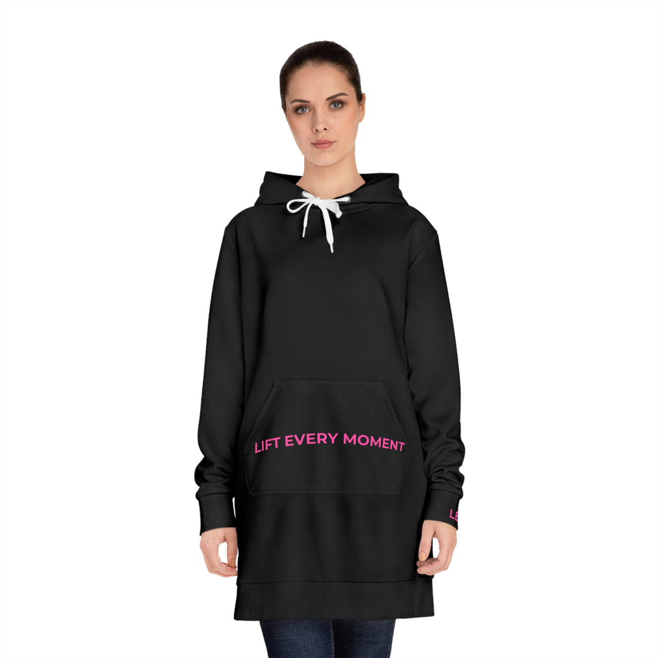 Modest in Motion Hoodie Dress — 'Lift Every Moment' Cozy Women's Pullover Dress Black