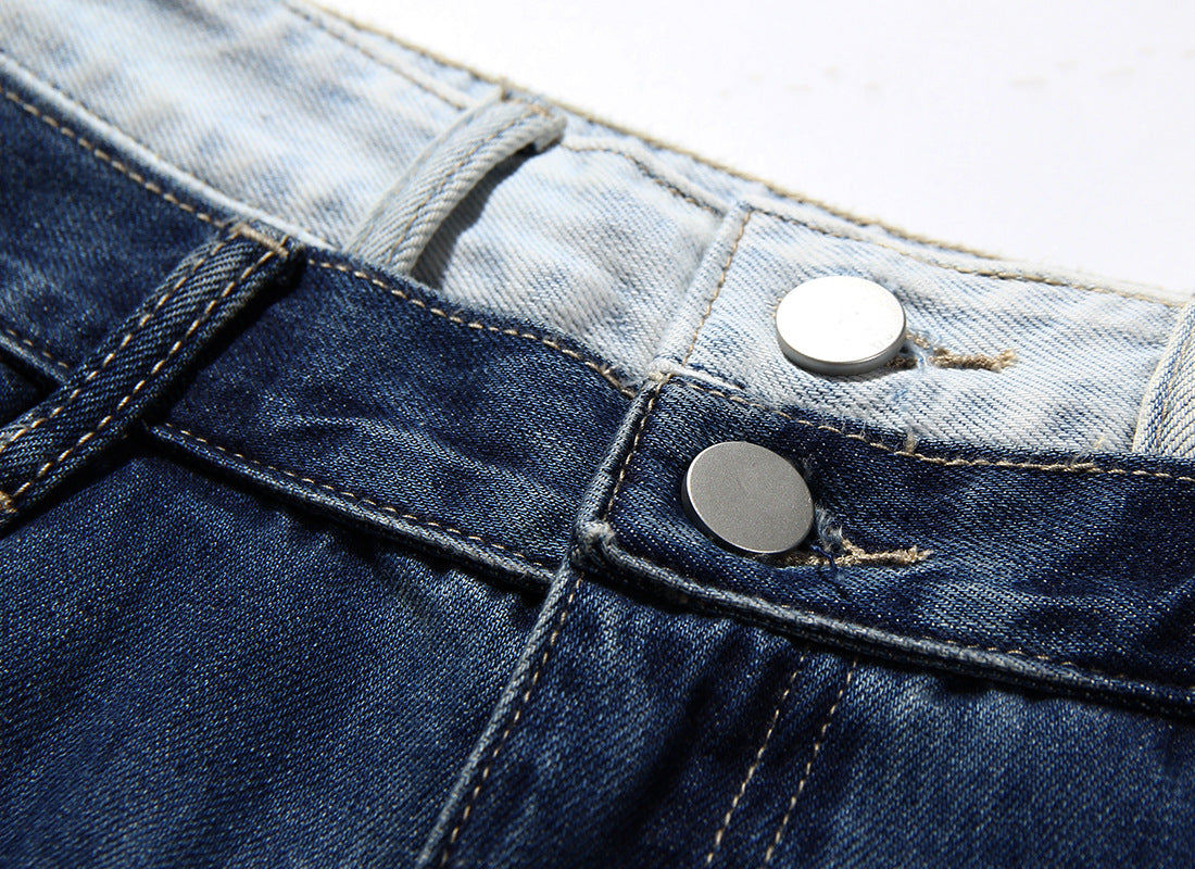 Blue Two Color Color Contrast Patchwork Washed Distressed High Waist Women Denim Wide Leg Jeans