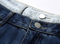 Blue Two Color Color Contrast Patchwork Washed Distressed High Waist Women Denim Wide Leg Jeans