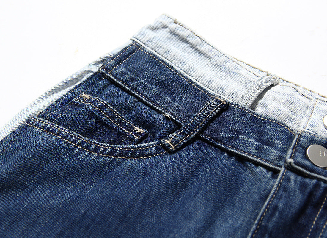 Blue Two Color Color Contrast Patchwork Washed Distressed High Waist Women Denim Wide Leg Jeans