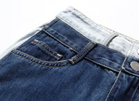 Blue Two Color Color Contrast Patchwork Washed Distressed High Waist Women Denim Wide Leg Jeans