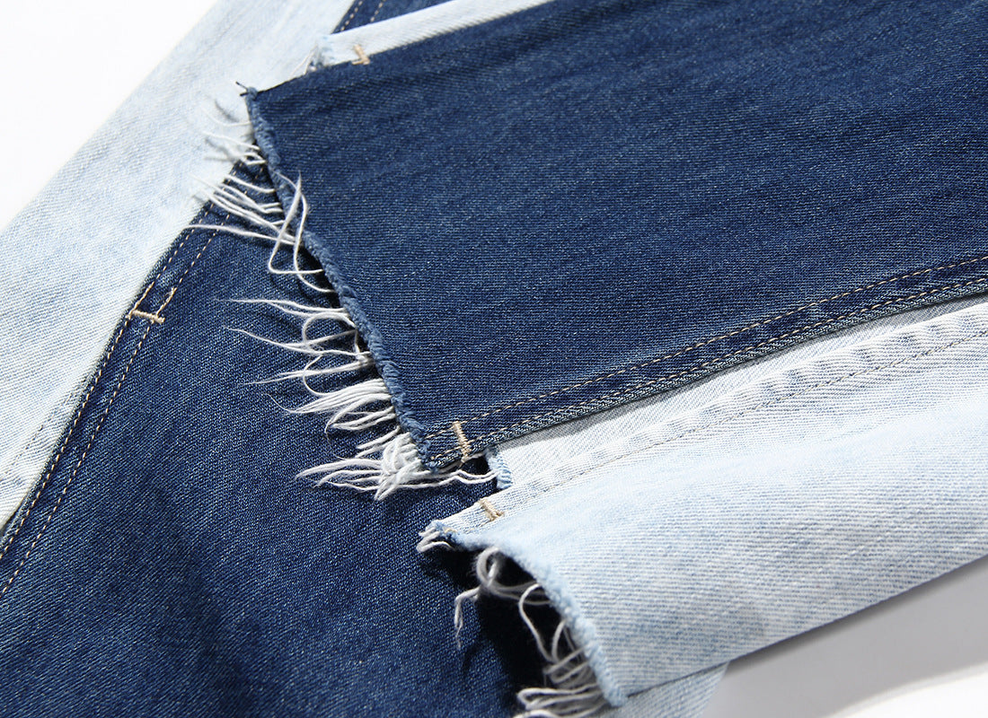 Blue Two Color Color Contrast Patchwork Washed Distressed High Waist Women Denim Wide Leg Jeans
