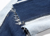 Blue Two Color Color Contrast Patchwork Washed Distressed High Waist Women Denim Wide Leg Jeans