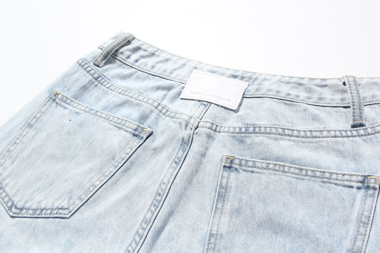 Blue Two Color Color Contrast Patchwork Washed Distressed High Waist Women Denim Wide Leg Jeans