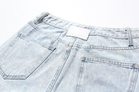 Blue Two Color Color Contrast Patchwork Washed Distressed High Waist Women Denim Wide Leg Jeans