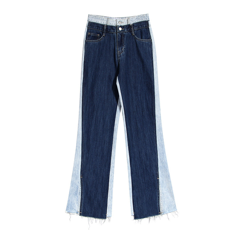 Blue Two Color Color Contrast Patchwork Washed Distressed High Waist Women Denim Wide Leg Jeans