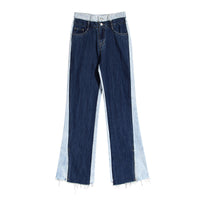 Blue Two Color Color Contrast Patchwork Washed Distressed High Waist Women Denim Wide Leg Jeans