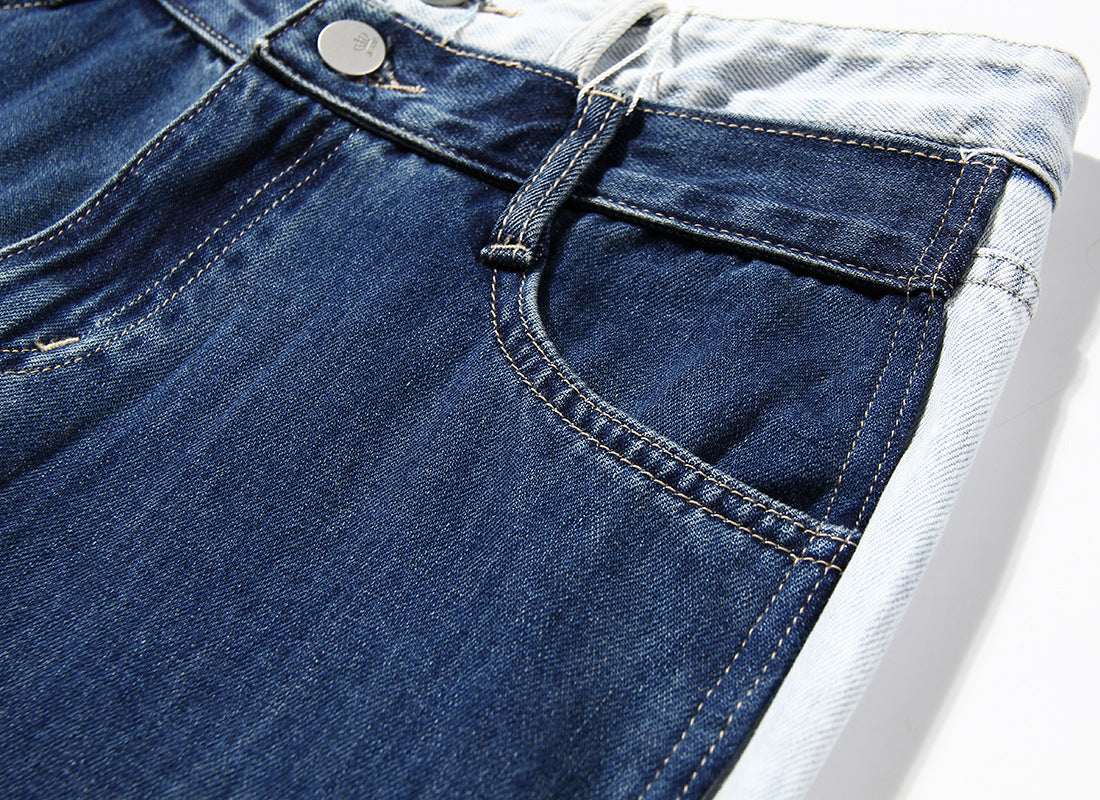 Blue Two Color Color Contrast Patchwork Washed Distressed High Waist Women Denim Wide Leg Jeans