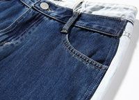 Blue Two Color Color Contrast Patchwork Washed Distressed High Waist Women Denim Wide Leg Jeans
