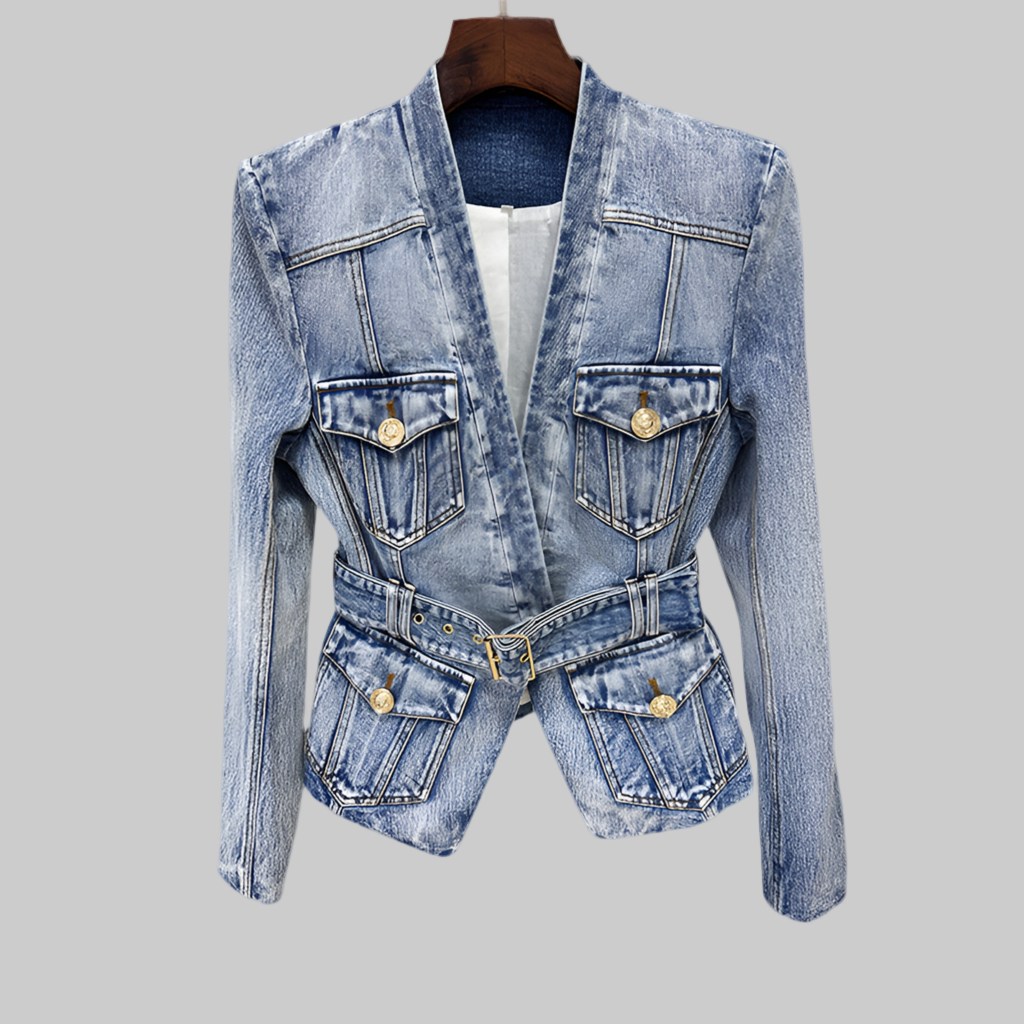 Early Autumn Stars Slim Fit Belt Washed Denim Blazer Jacket