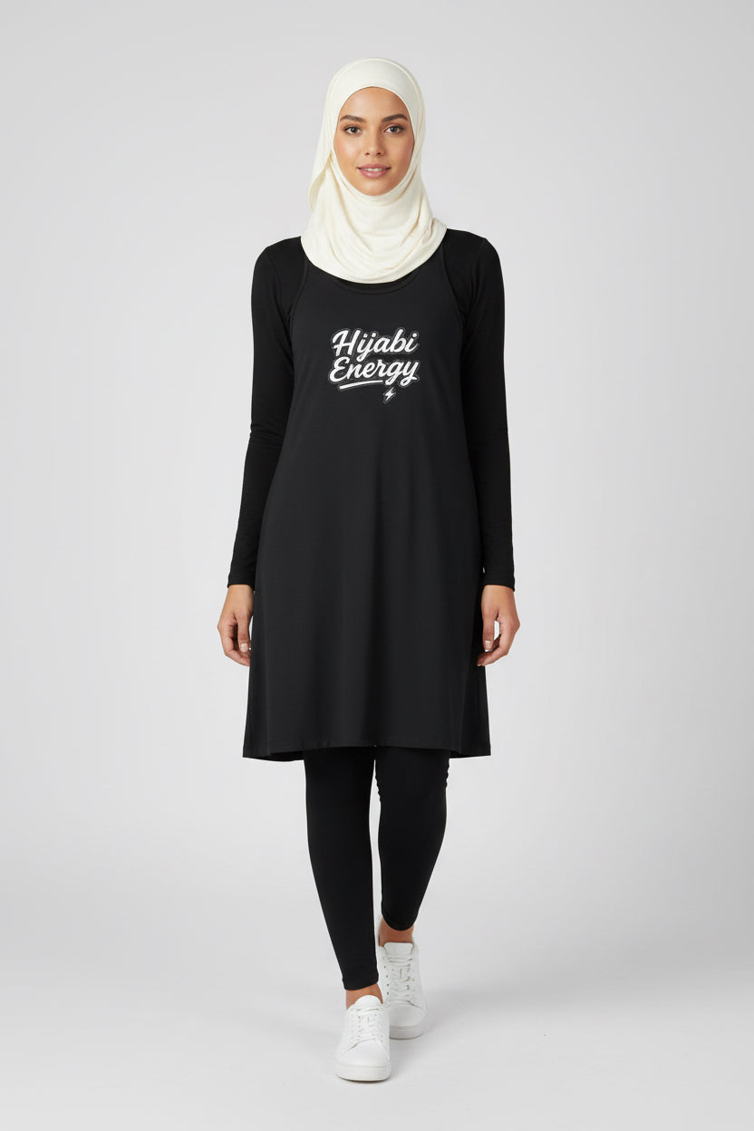 Black Racerback Layering Athletic Dress — Hijabi Energy Minimal Script - Modestly Vogue 
