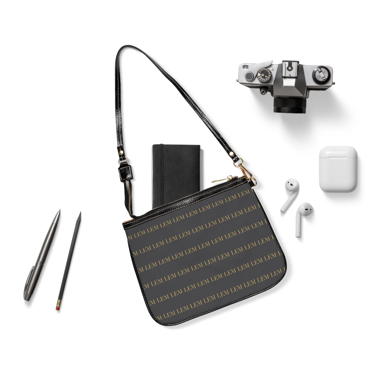 LEM Signature Monogram Mini Shoulder Bag — Grey & Gold LEM Pattern - Modestly Vogue 