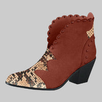 Rivet Color-Block Snake Print Ankle Boots | Block Heel Style - Modestly Vogue 