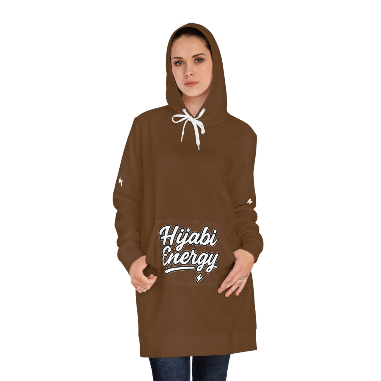Hijabi Energy  Hoodie Dress — ' Hijabi Girl’' Cozy Women's Pullover Brown