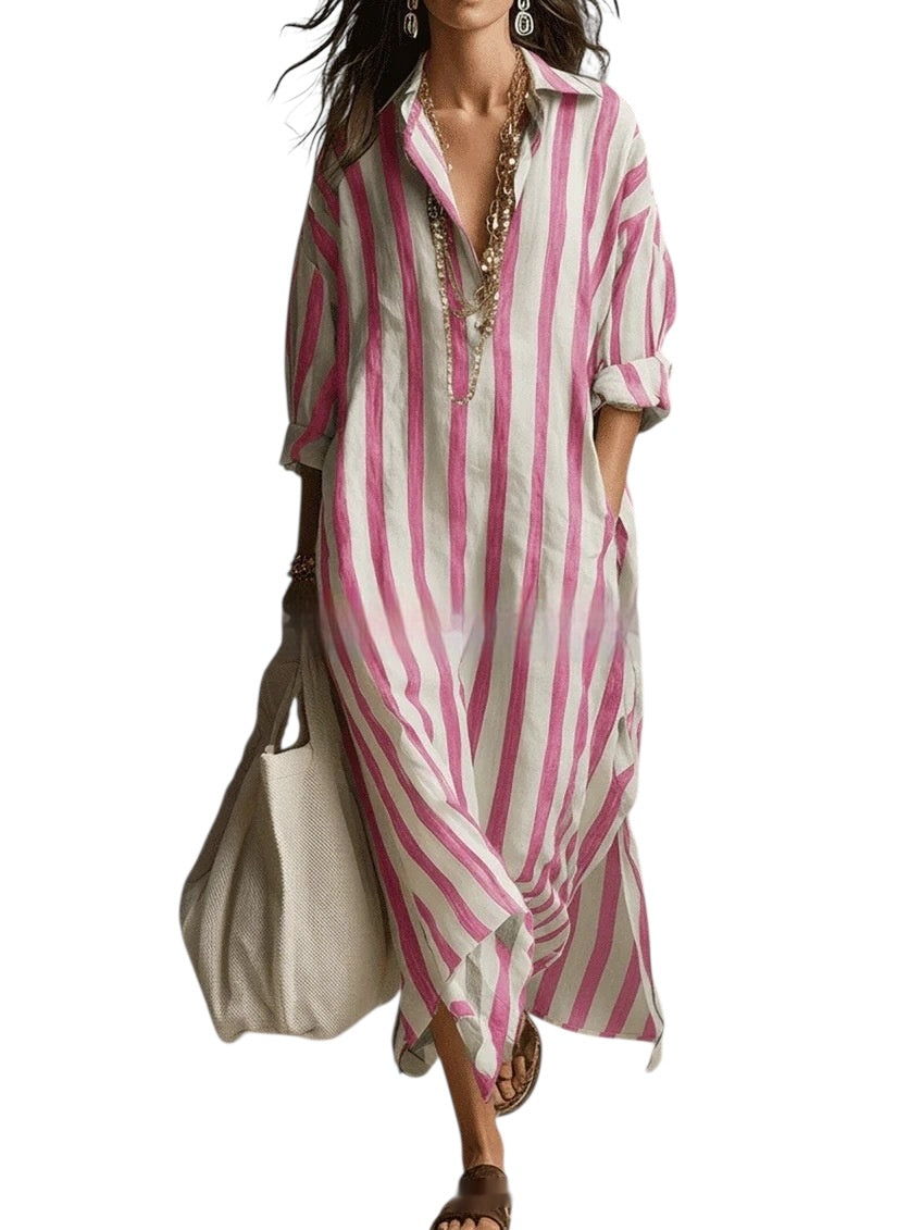 Striped Lapel-collar Dress With Side Slits And Pockets - Modestly Vogue 