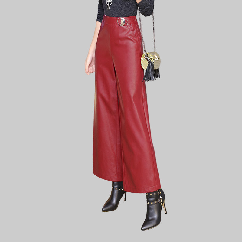 Wide Leg  Women's Straight-leg Trousers Leather Pants - Modestly Vogue 