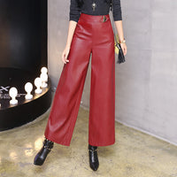 Wide Leg  Women's Straight-leg Trousers Leather Pants - Modestly Vogue 
