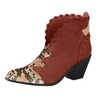 Rivet Color-Block Snake Print Ankle Boots | Block Heel Style - Modestly Vogue 