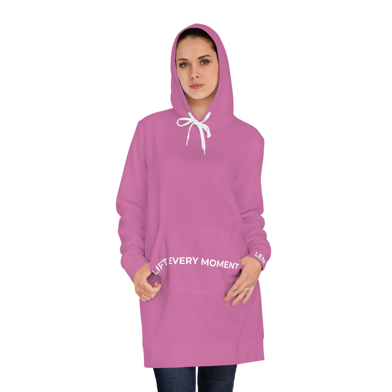 Modest in Motion Hoodie Dress — 'Lift Every Moment' Cozy Women's Pullover Dress Pink