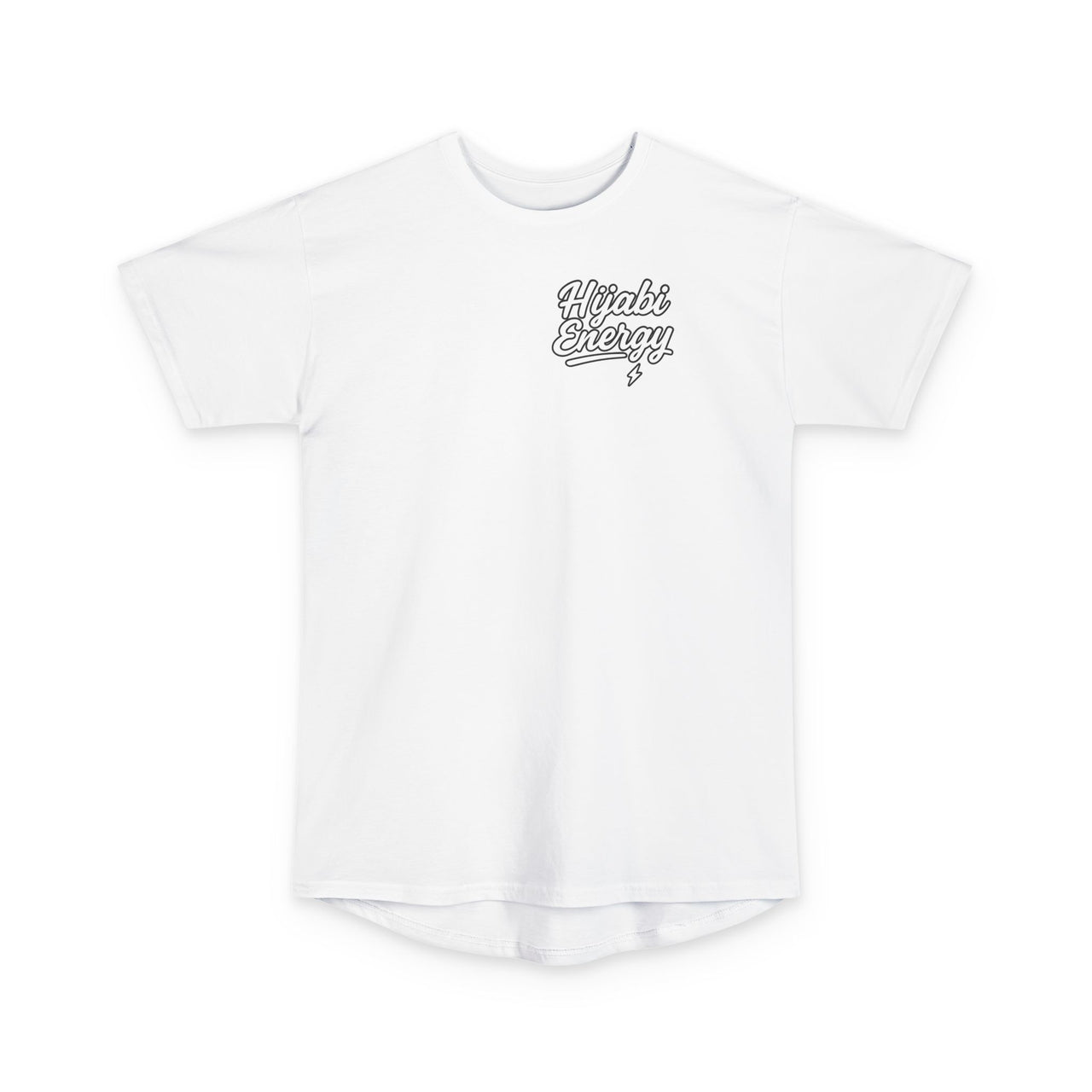 Logo Hijabi Energy Long Body Tee — Streetwear Muslimah Graphic T-Shirt