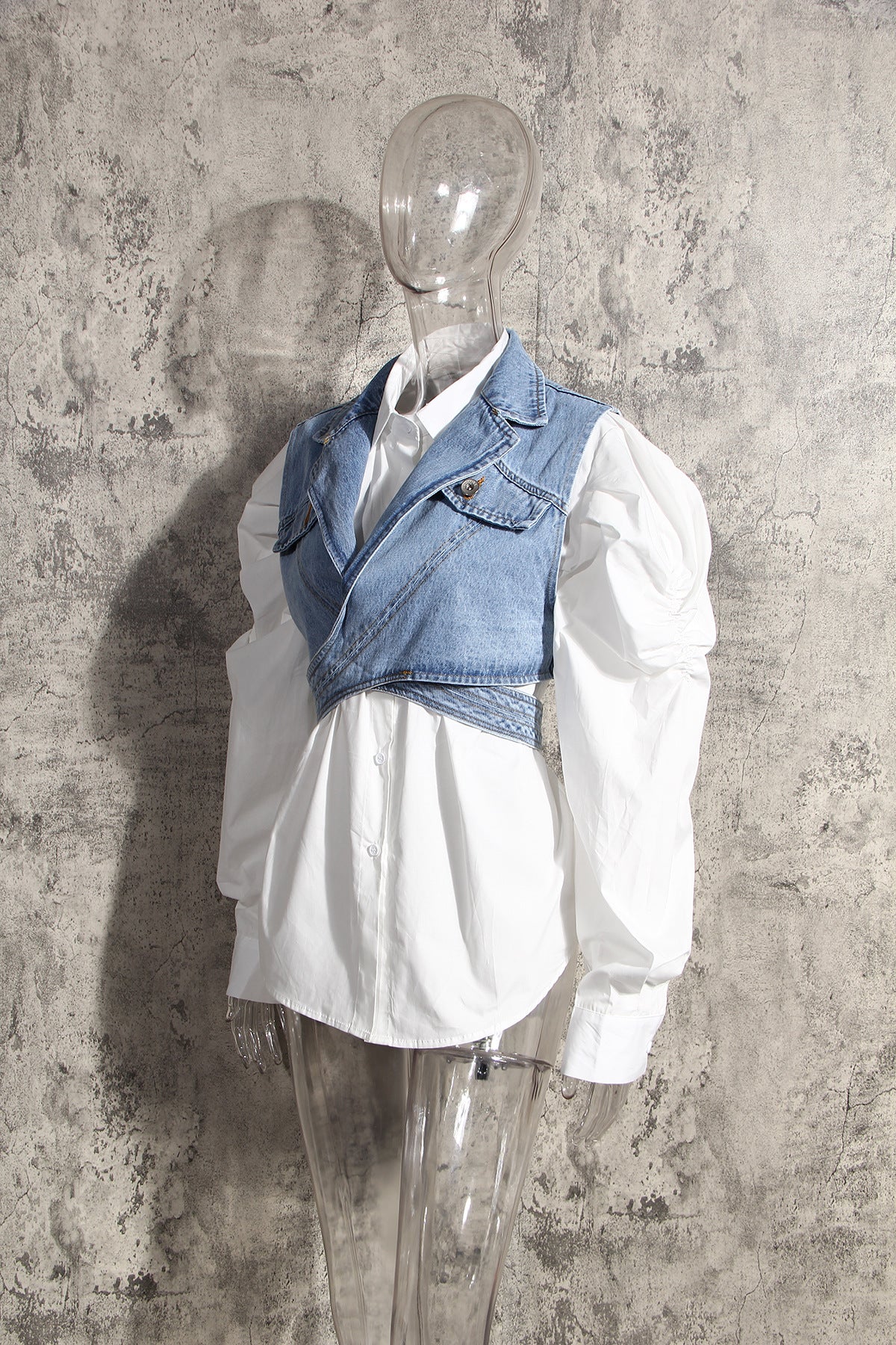 Trendy Two-Piece Denim Vest & Puff Sleeve Shirt Set for Women - Modestly Vogue 