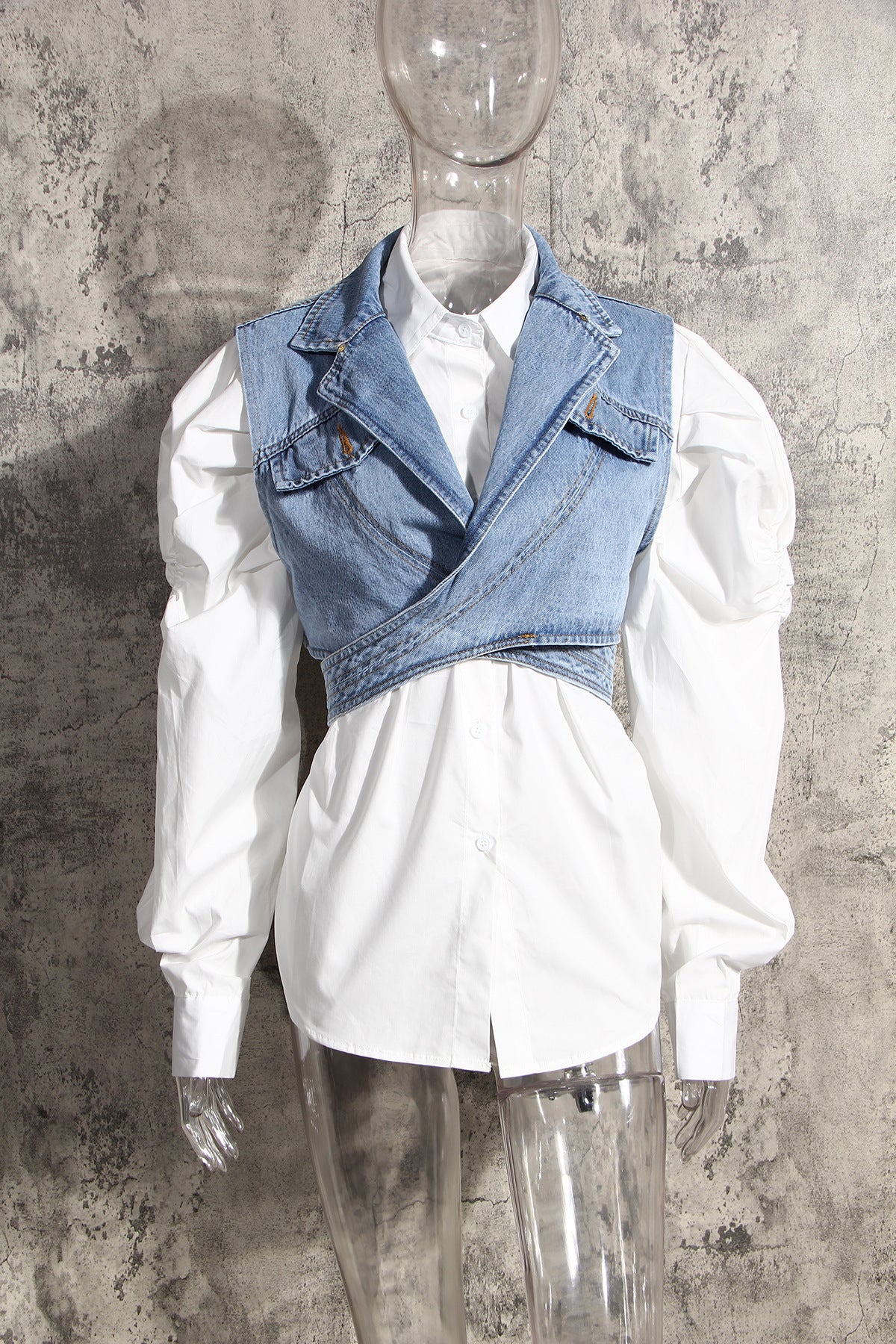 Trendy Two-Piece Denim Vest & Puff Sleeve Shirt Set for Women - Modestly Vogue 