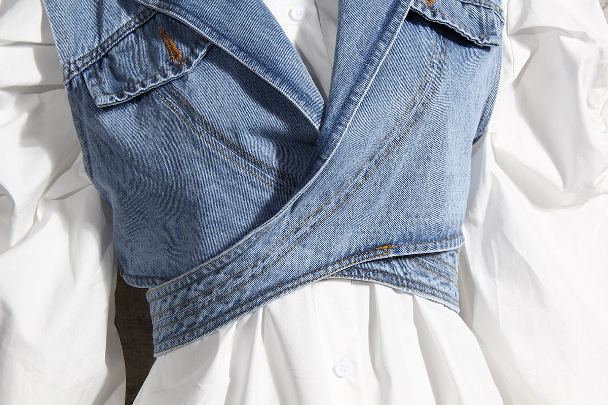 Trendy Two-Piece Denim Vest & Puff Sleeve Shirt Set for Women - Modestly Vogue 