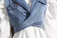 Trendy Two-Piece Denim Vest & Puff Sleeve Shirt Set for Women - Modestly Vogue 