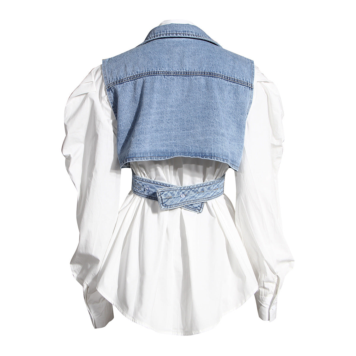 Trendy Two-Piece Denim Vest & Puff Sleeve Shirt Set for Women - Modestly Vogue 
