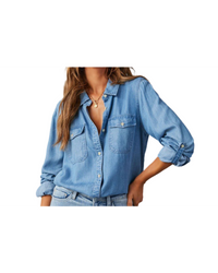 Women’s Casual Denim Shirt – Long Sleeve Collared Button-Up - Modestly Vogue 