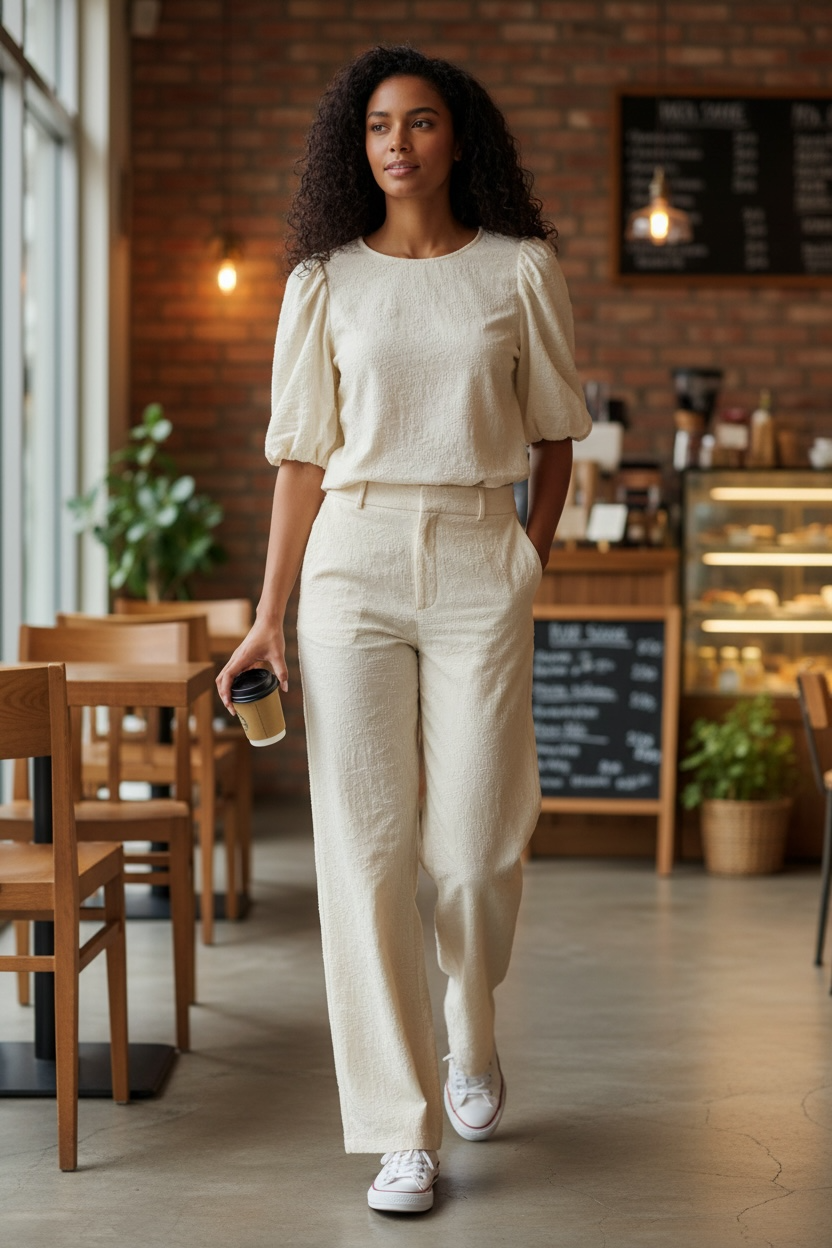 Women Clothing Retro Puff Sleeve Embroidered Shirt High Waist Wide Leg Pants - Modestly Vogue 