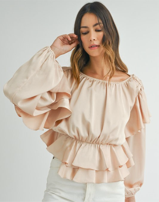Oatmeal Lace-Up Keyhole Peplum Blouse – Ruffled & Feminine Top - Modestly Vogue 