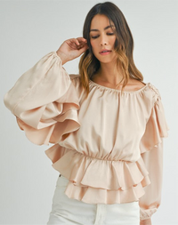 Oatmeal Lace-Up Keyhole Peplum Blouse – Ruffled & Feminine Top - Modestly Vogue 