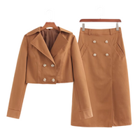 Earthtone Professional Spring And Autumn Lapel Skirt Set Neutral
