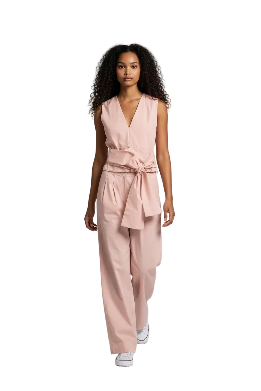 Poplin V Neck Top and High Waist Wide Leg Pants Set for Women - Modestly Vogue 
