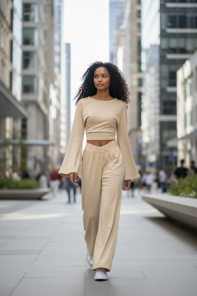 Round Neck Top and Wide Leg Pants Set - Modestly Vogue 