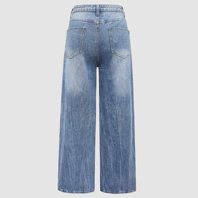 Women Clothing Autumn Magic Heavy Industry Metal Rivet White Pearl Straight Leg Denim